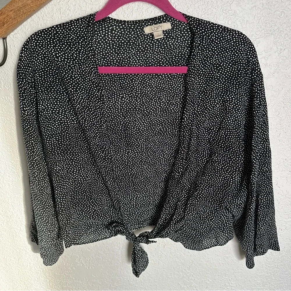 LOFT polka dot speckled tie front cardigan